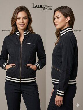 Rusty Lopez Luxe Bomber Black Denim Jacket Striped Trim - Size XL Fits Medium